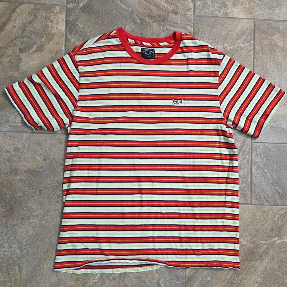 Dark Seas Division Mens XL Red Multi Stripe Shark Patch Cotton T-Shirt